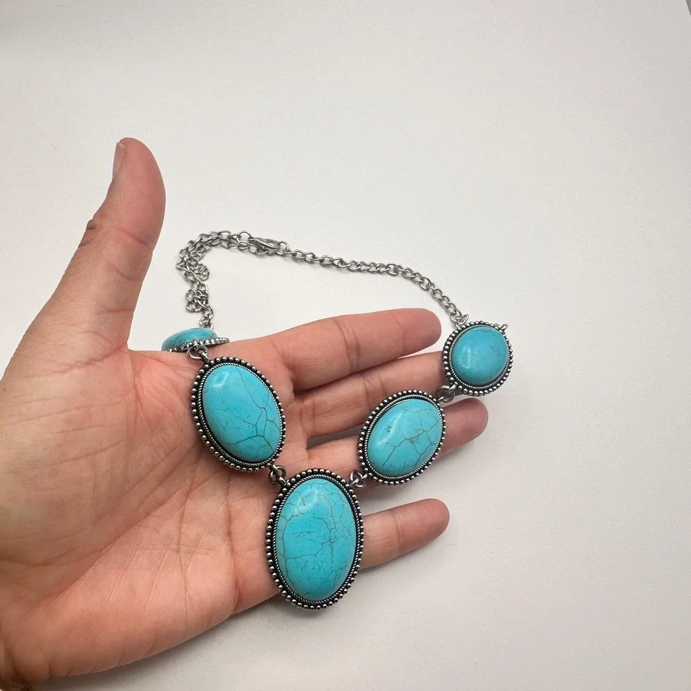 VTG Silver Tone Turquoise Color Bib‎ Necklace Chunky Statement Bold Boho Retro